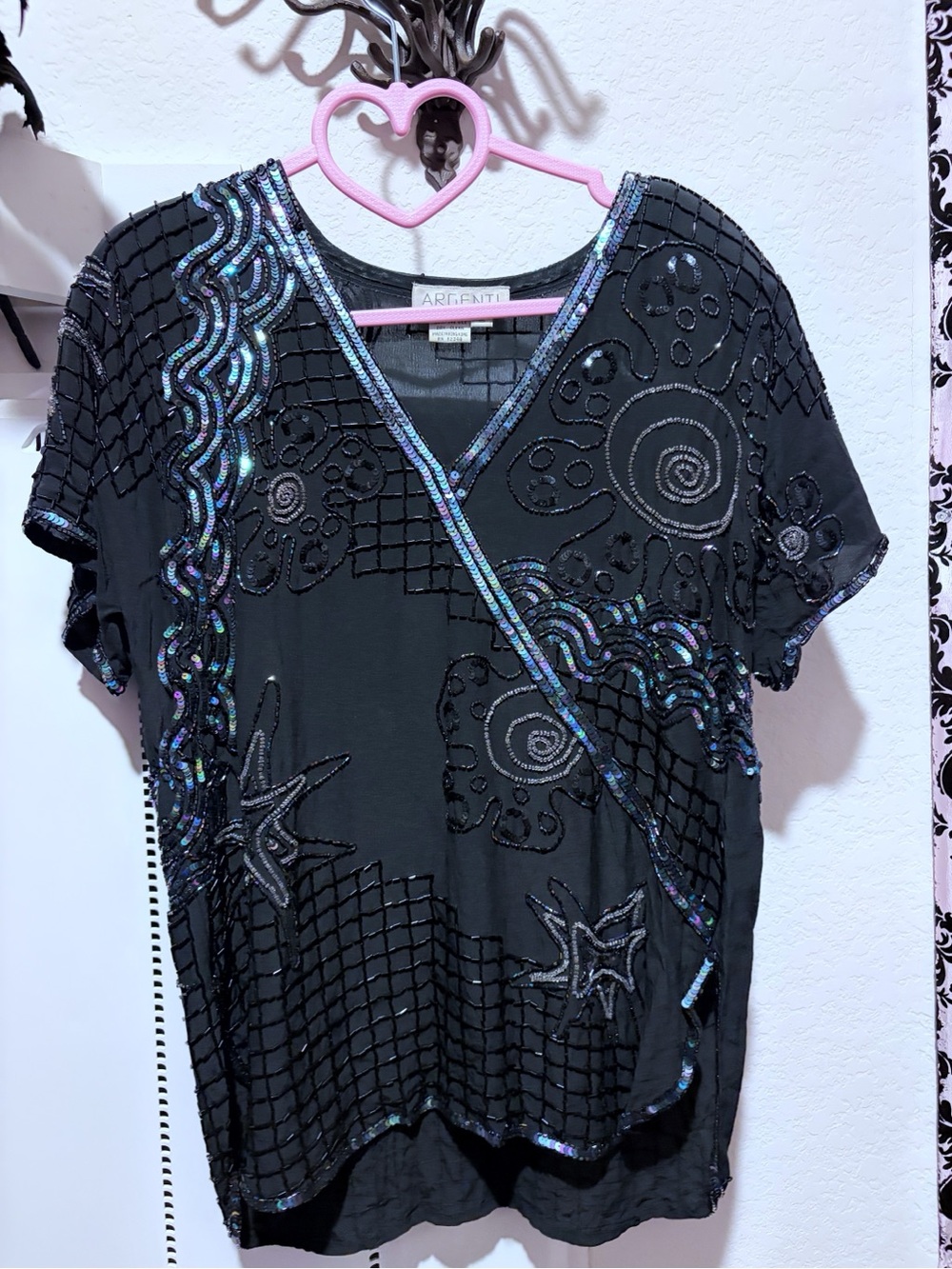 Vintage 1980’s Argenti 100% pure silk Oil-slick sequined blouse- size small